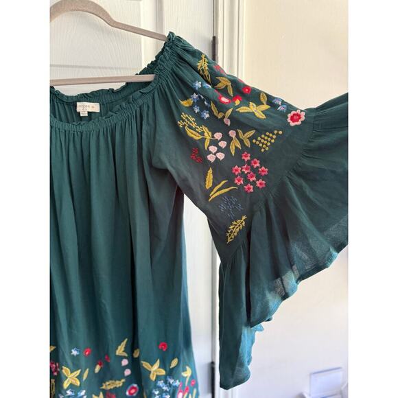 Umgee Teal Embroidered Flowers Off Shoulder Dress Bell Sleeves Boho size XL - Picture 3 of 5
